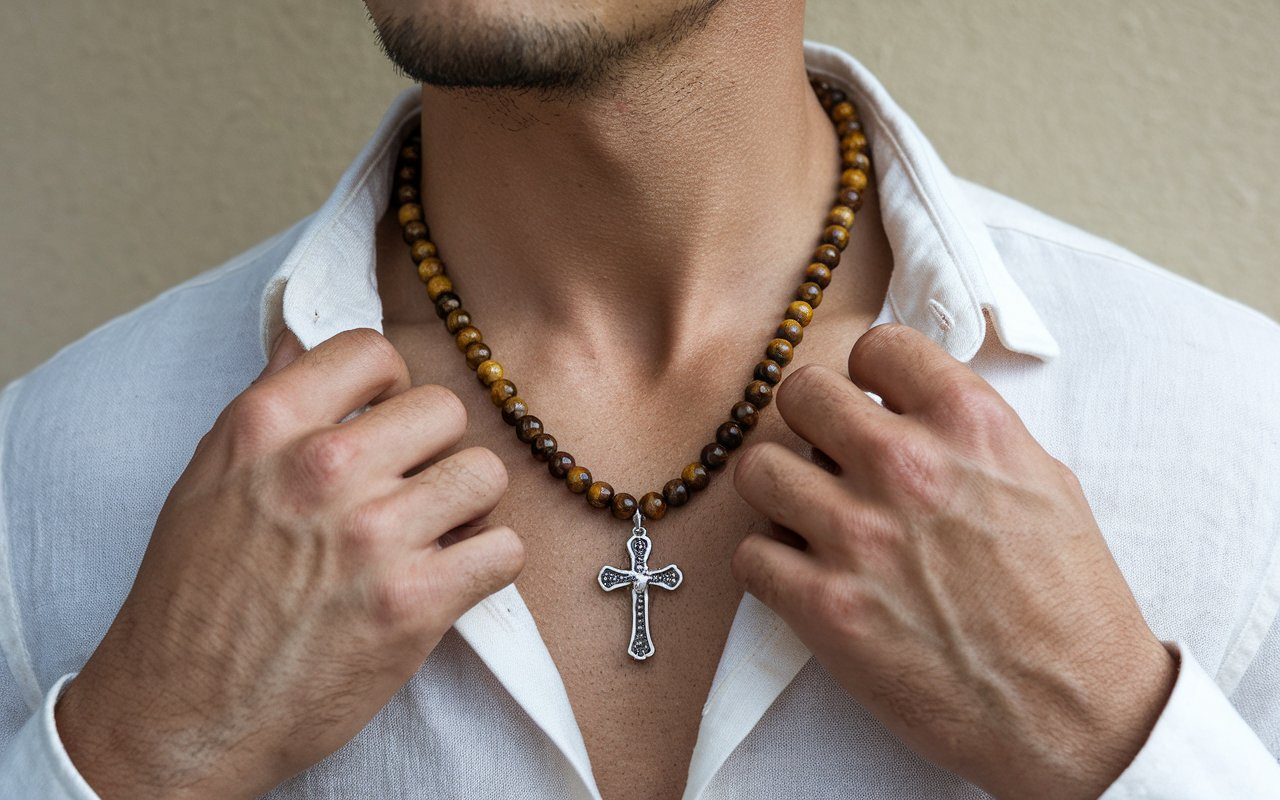 GAVU 6mm Crystal Beaded Cross Necklace for Men