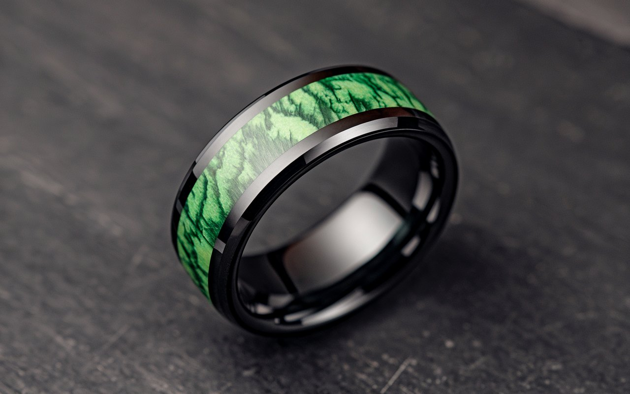 Men's Black Tungsten Carbide Ring Green Maple