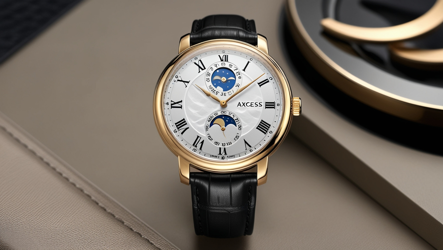 Axcess Gold Toned Wristwatch Moon Phase French Movement